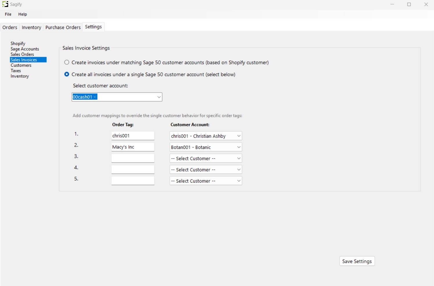 Customer Mapping Settings