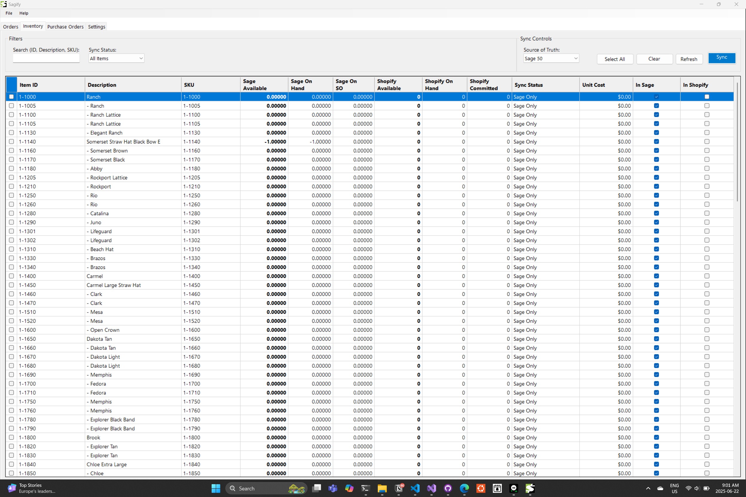 Sagify Sage 50 Shopify inventory sync module screen