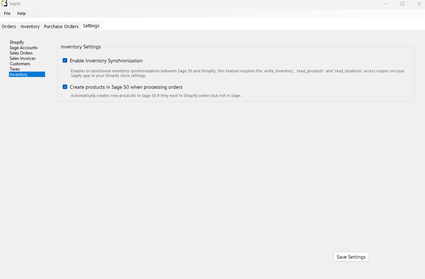Sagify inventory sync settings for Sage 50 and Shopify