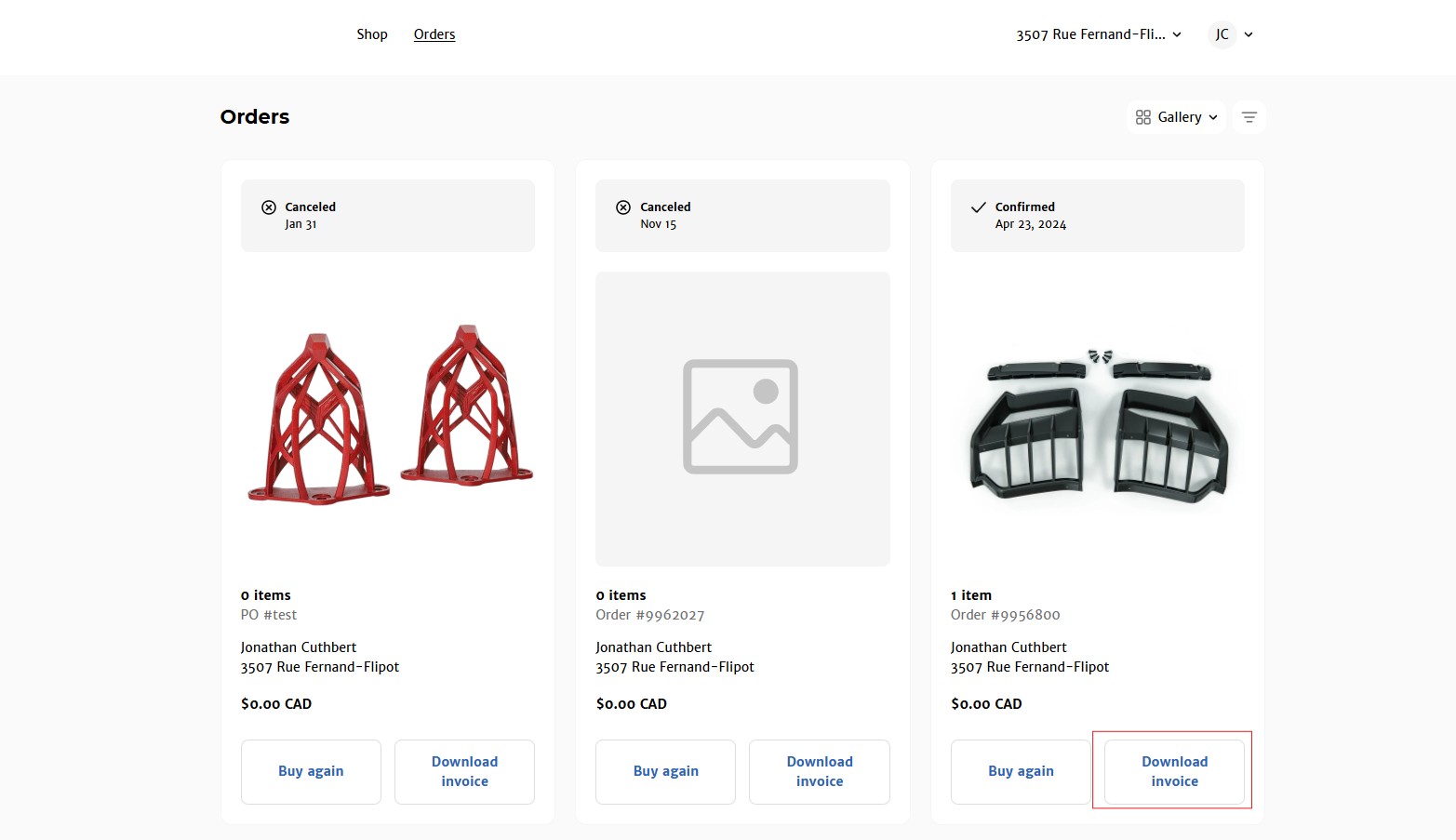 Customer self-service invoice downloads from account page