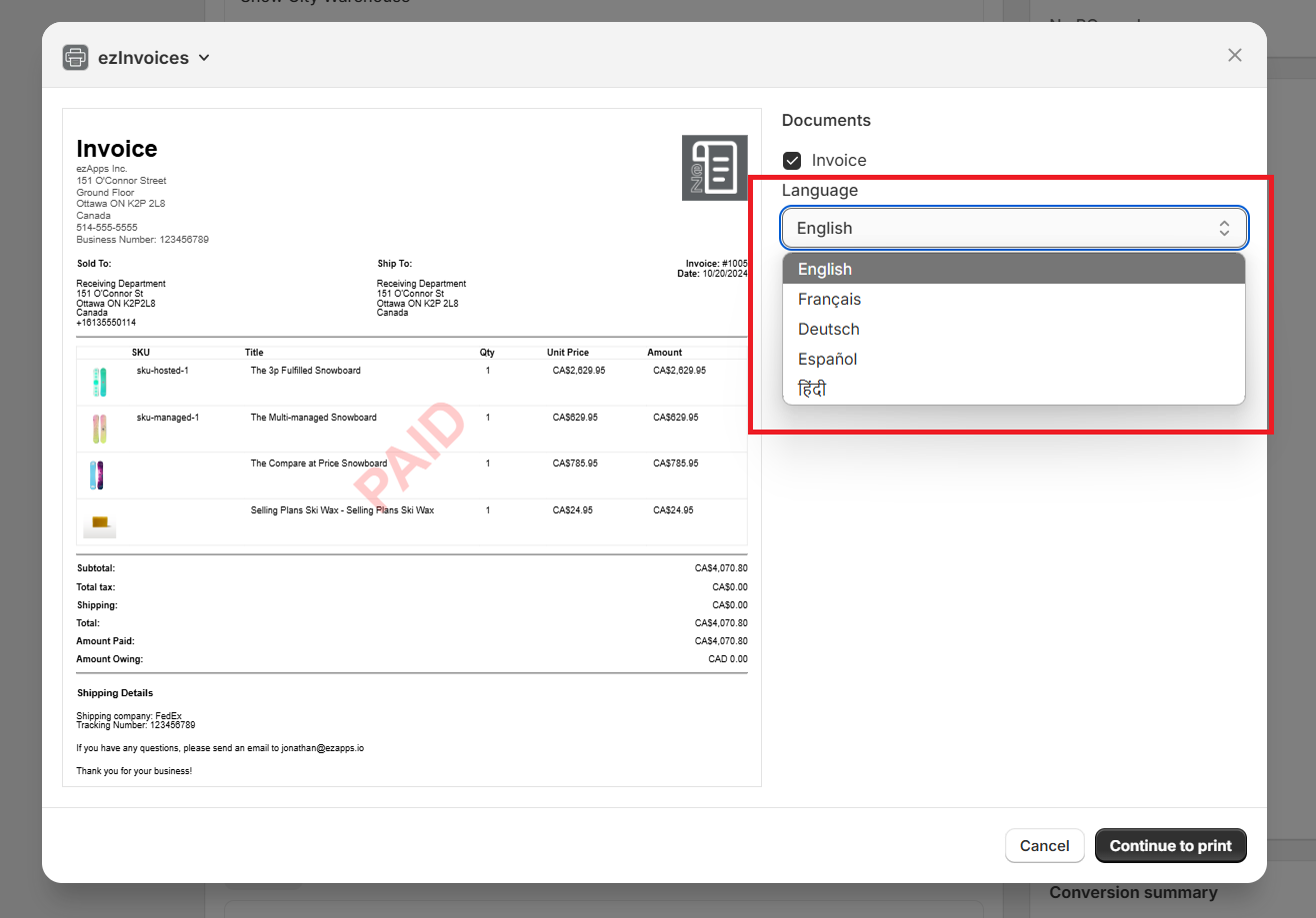 ezInvoices Language Support