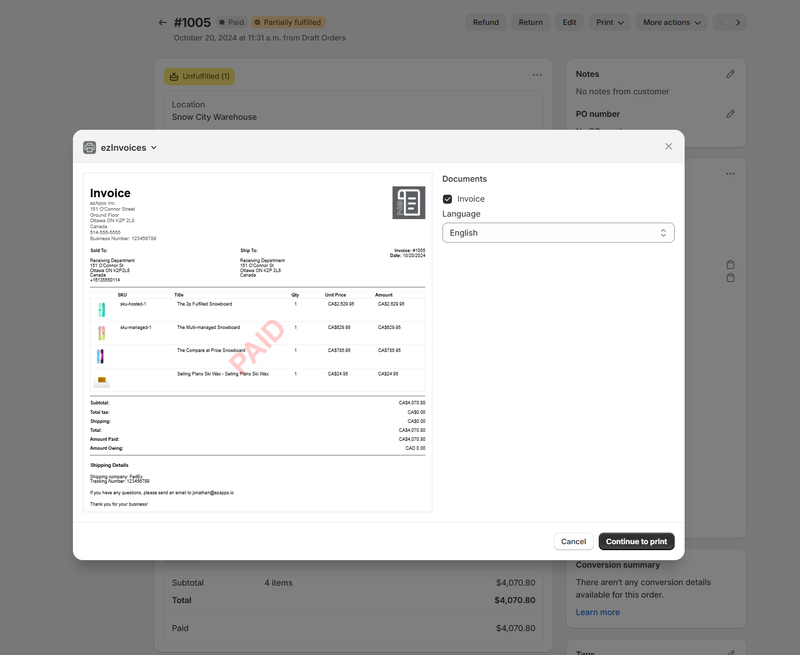 ezInvoices print modal