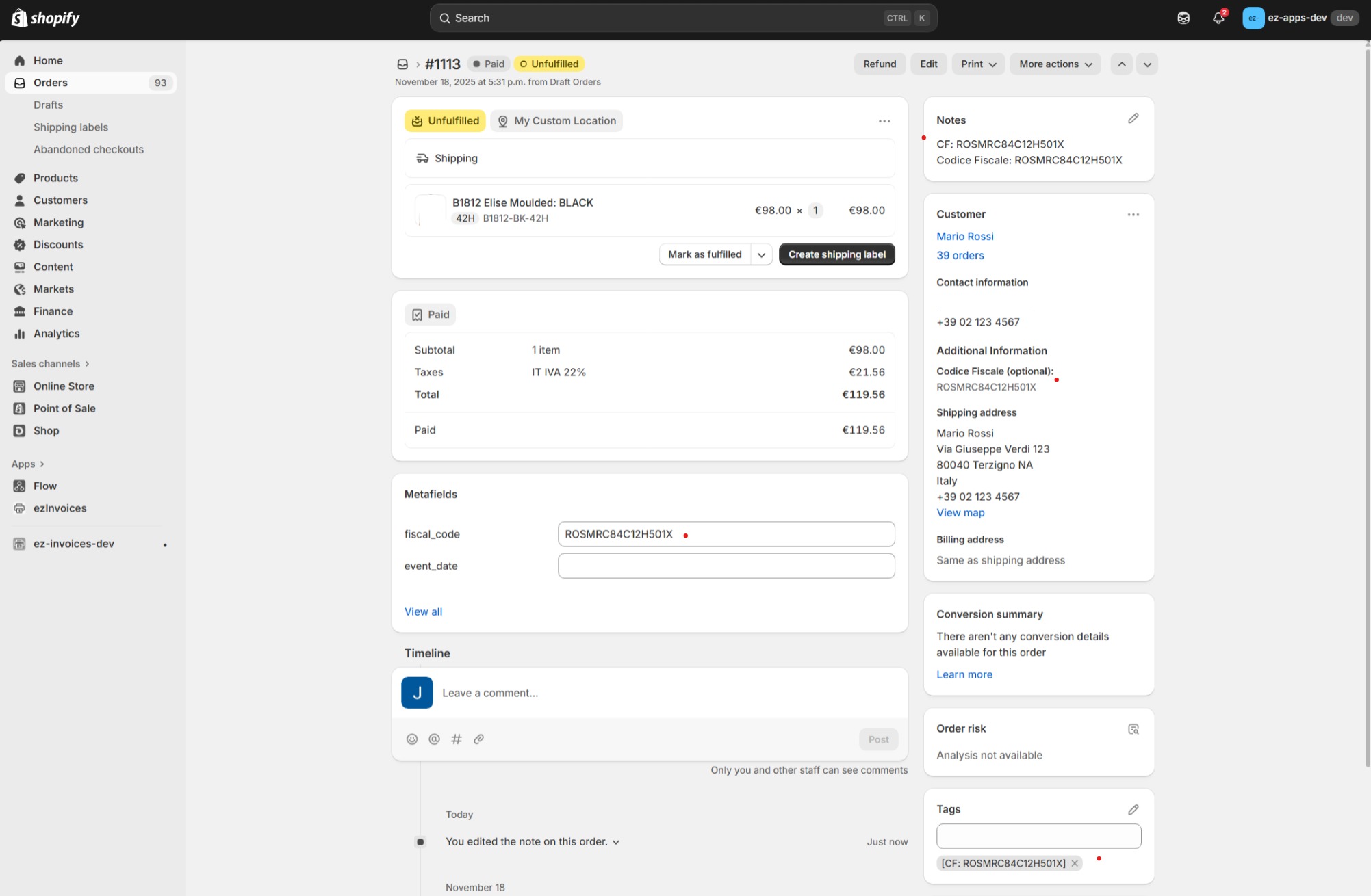 Shopify order details page showing multiple locations where ezInvoices detects codice fiscale: notes, metafields, additional information, and tags