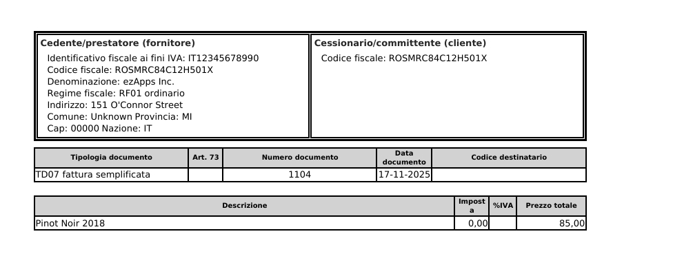 Example of FatturaPA-compliant PDF invoice generated and sent to SDI by ezInvoices