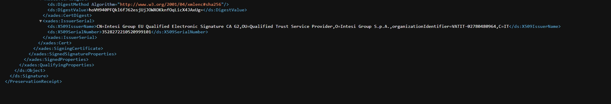 ezInvoices legal storage page showing digitally signed XML receipt for 10-year invoice preservation
