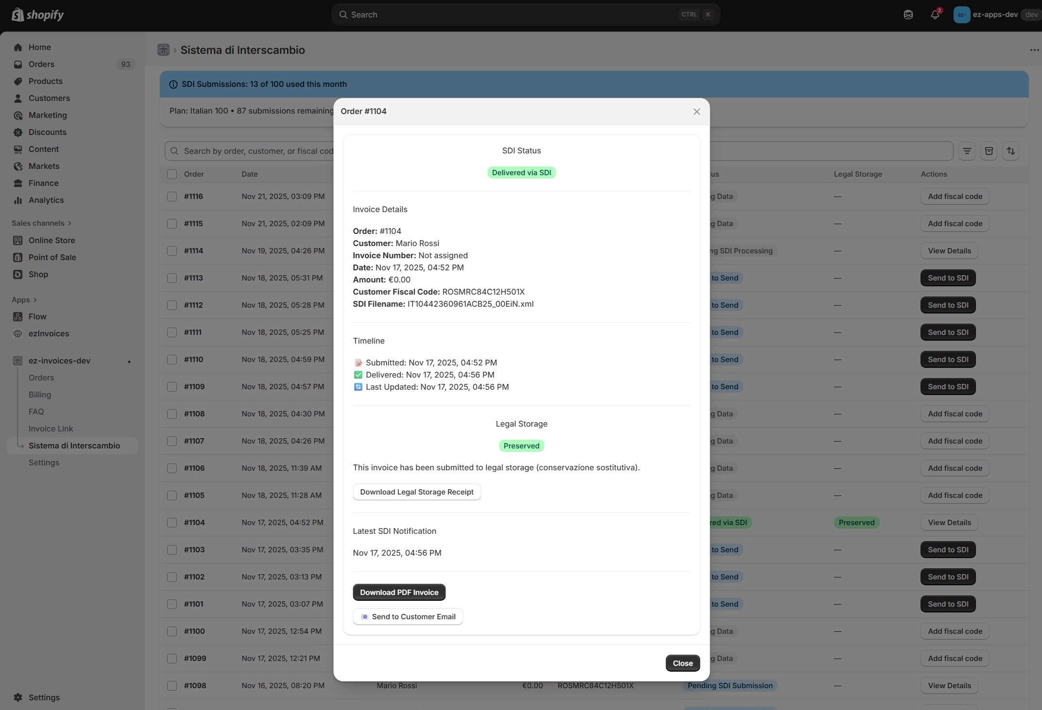 ezInvoices order details showing SDI submission timeline and invoice status tracking
