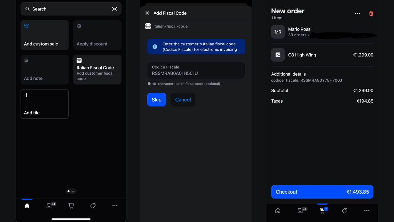 Shopify POS screens showing Italian fiscal code collection with custom tile and entry modal