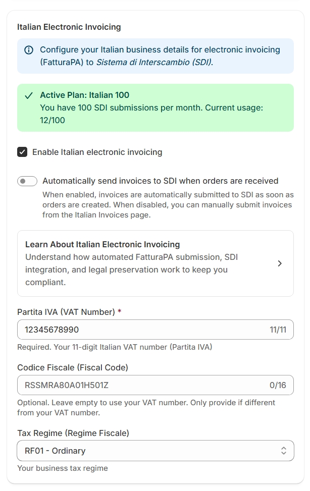 ezInvoices Italian invoicing settings page showing Partita IVA, codice fiscale, and tax regime configuration