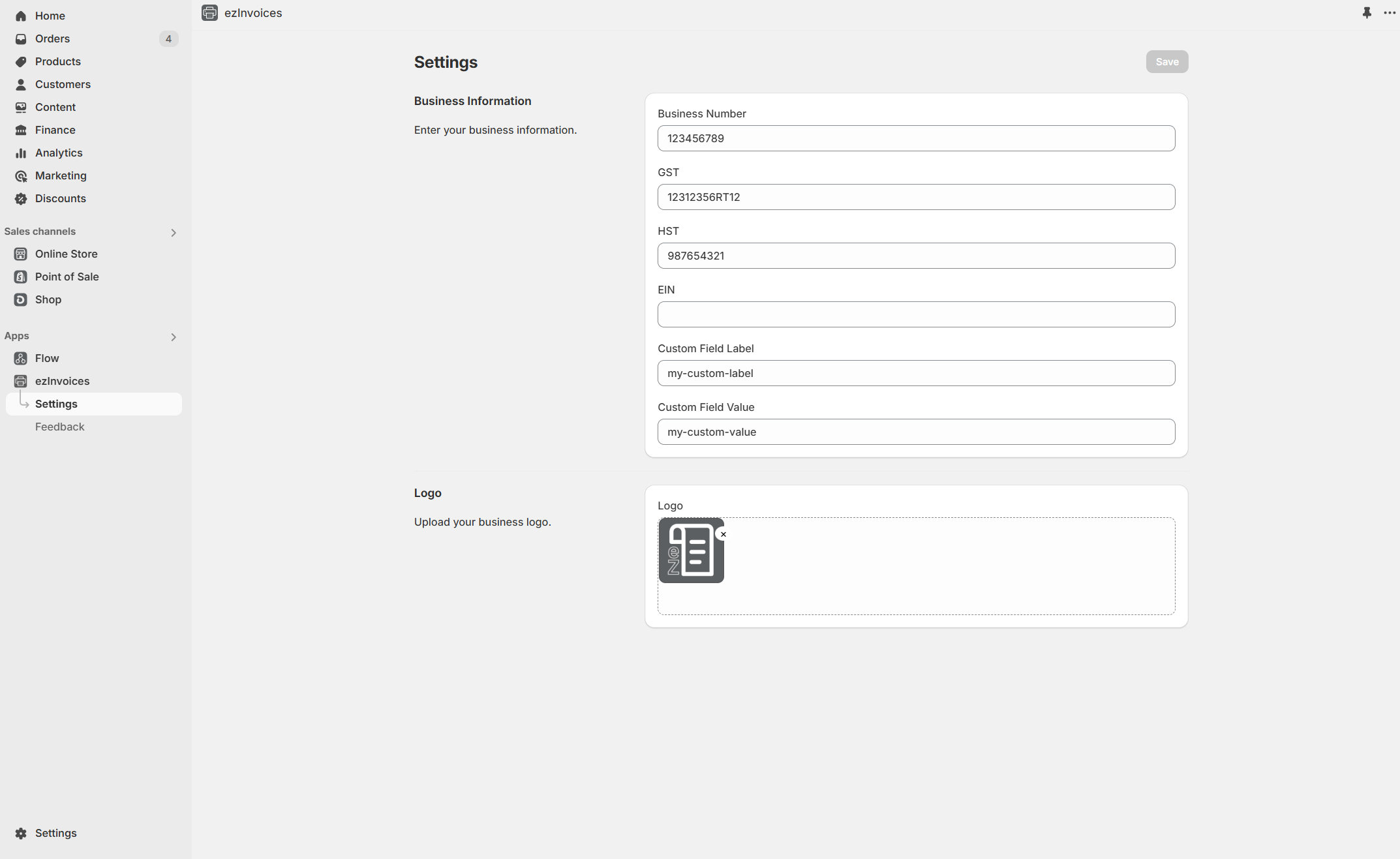 ezInvoices Settings