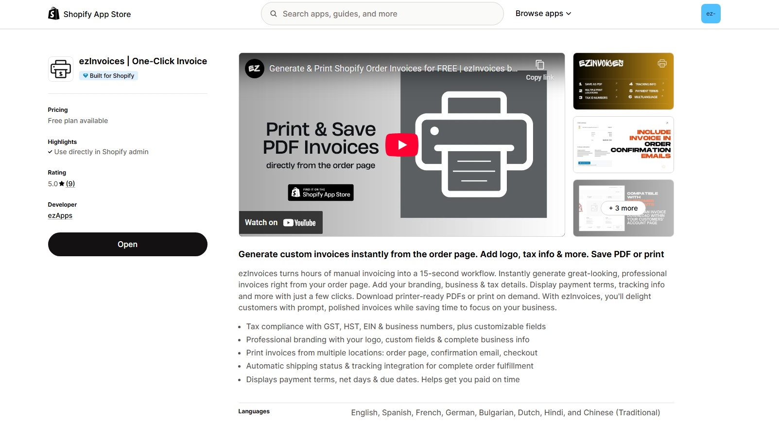 ezInvoices Shopify App Store Listing