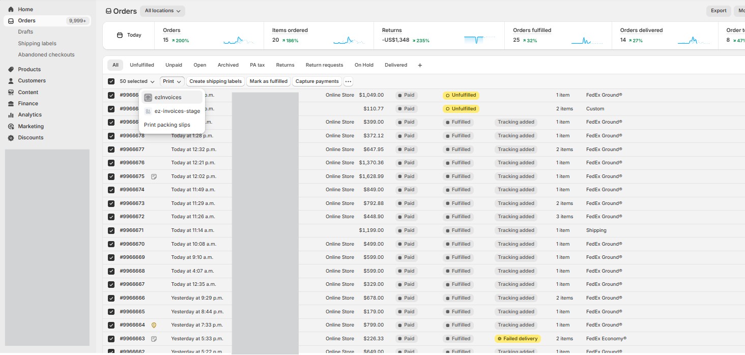 Bulk invoice and pick list generation from Shopify orders page