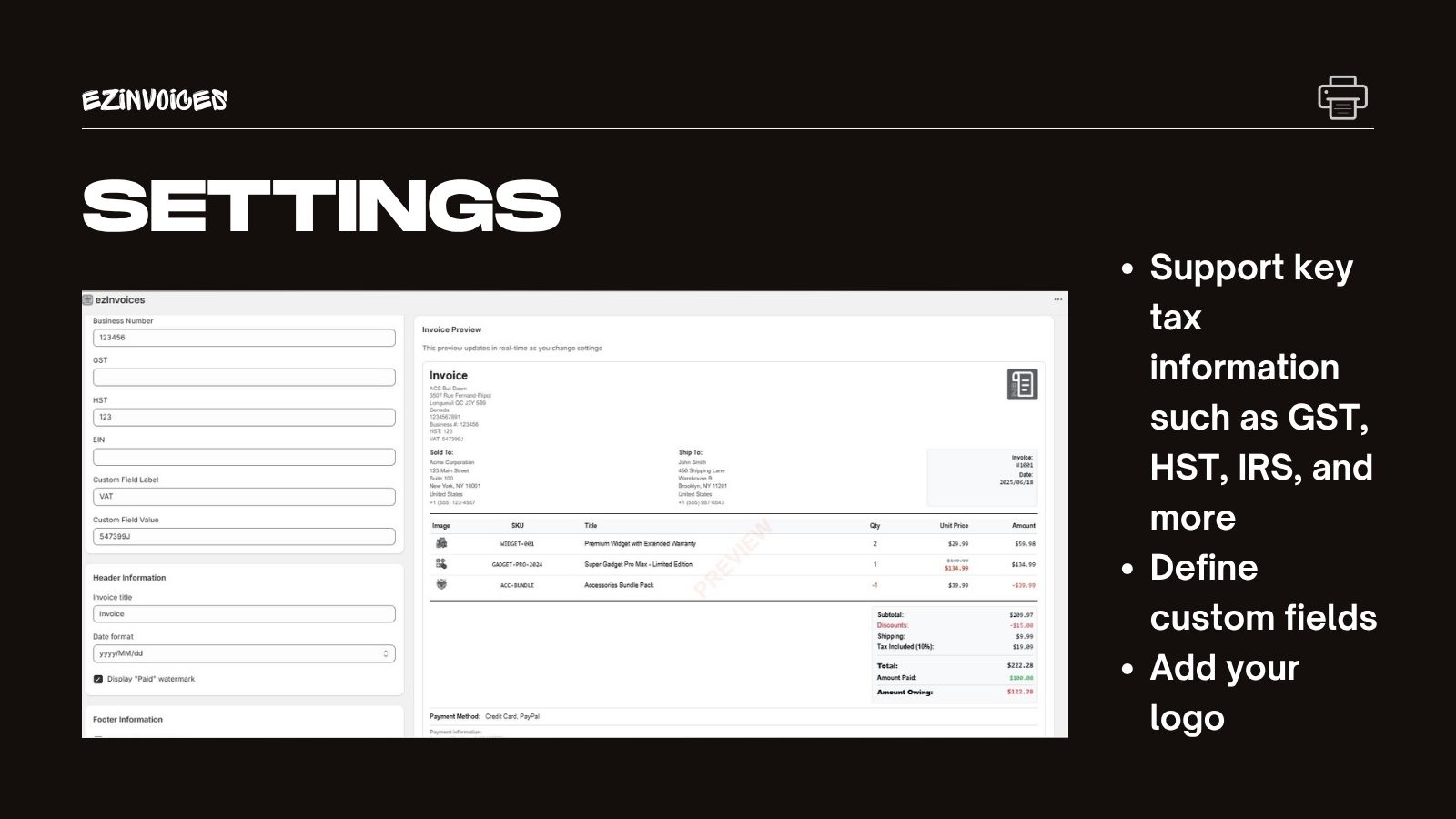 ezInvoices Settings Page After