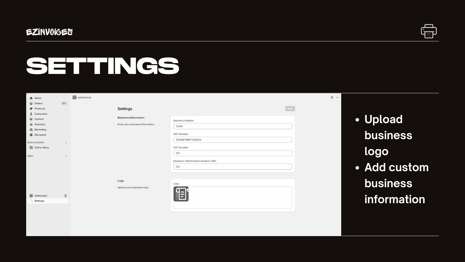ezInvoices Settings Page Before