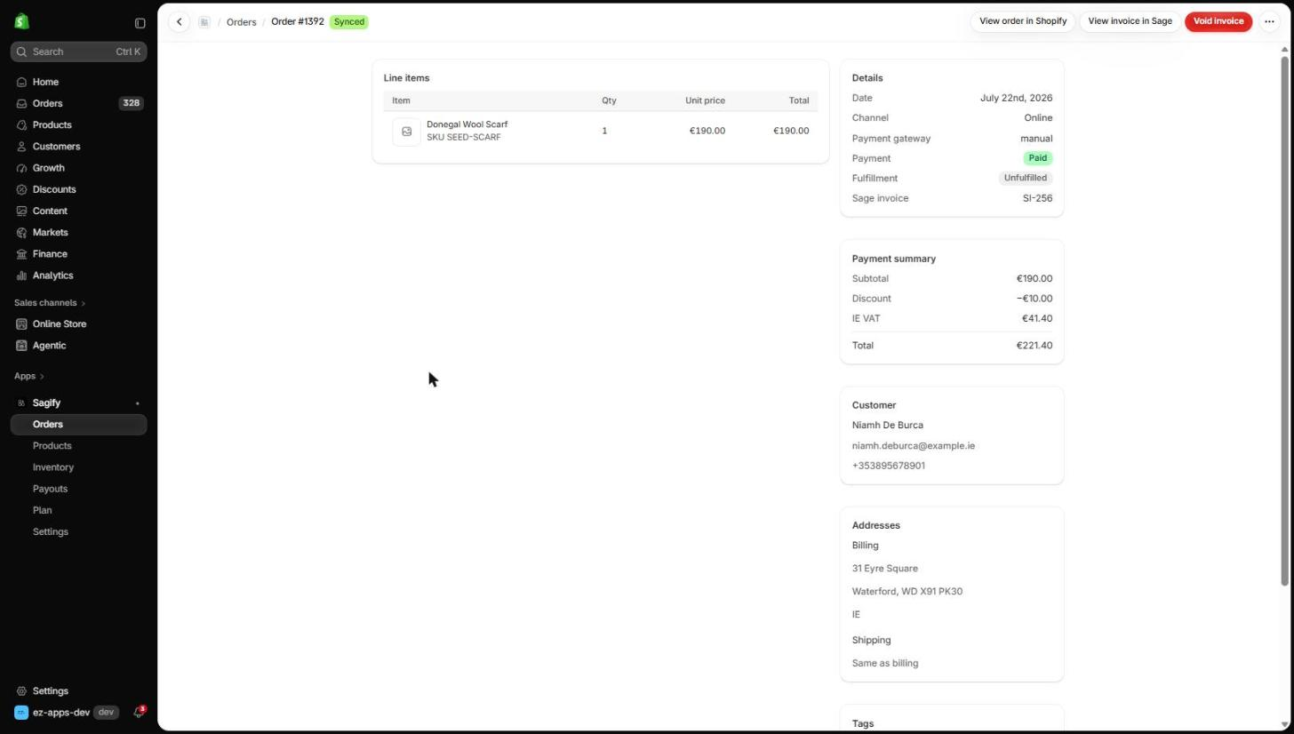 A synced order's detail page