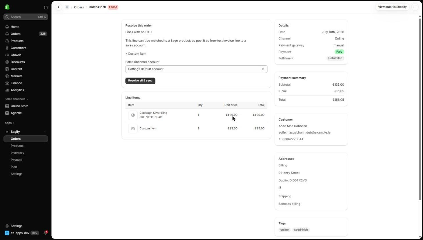 Resolving a custom line as a free-text invoice line