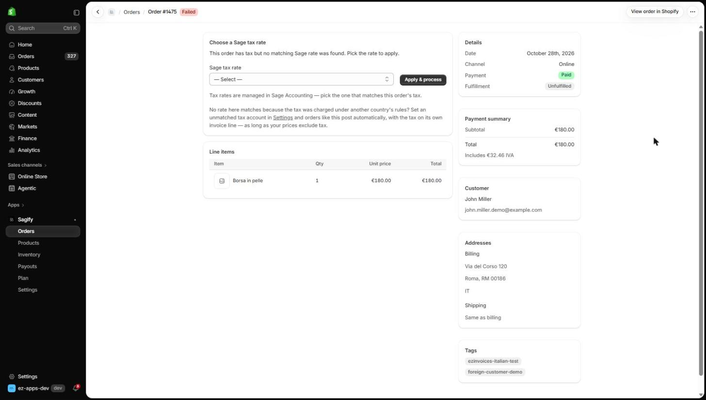 Choosing a Sage tax rate for an order