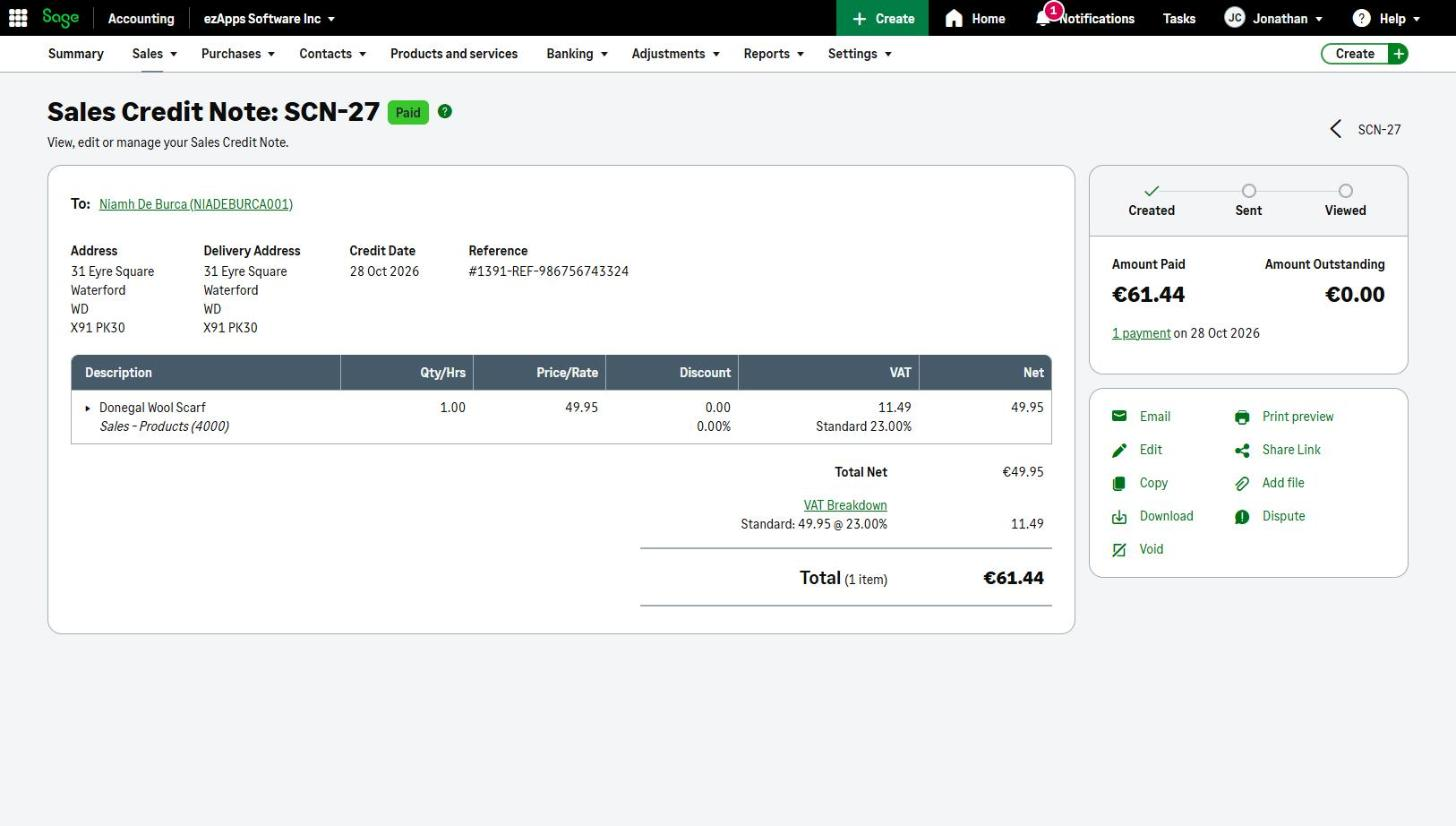 The credit note in Sage