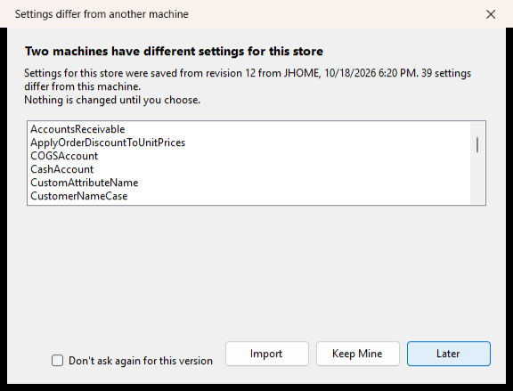The Settings differ from another machine window