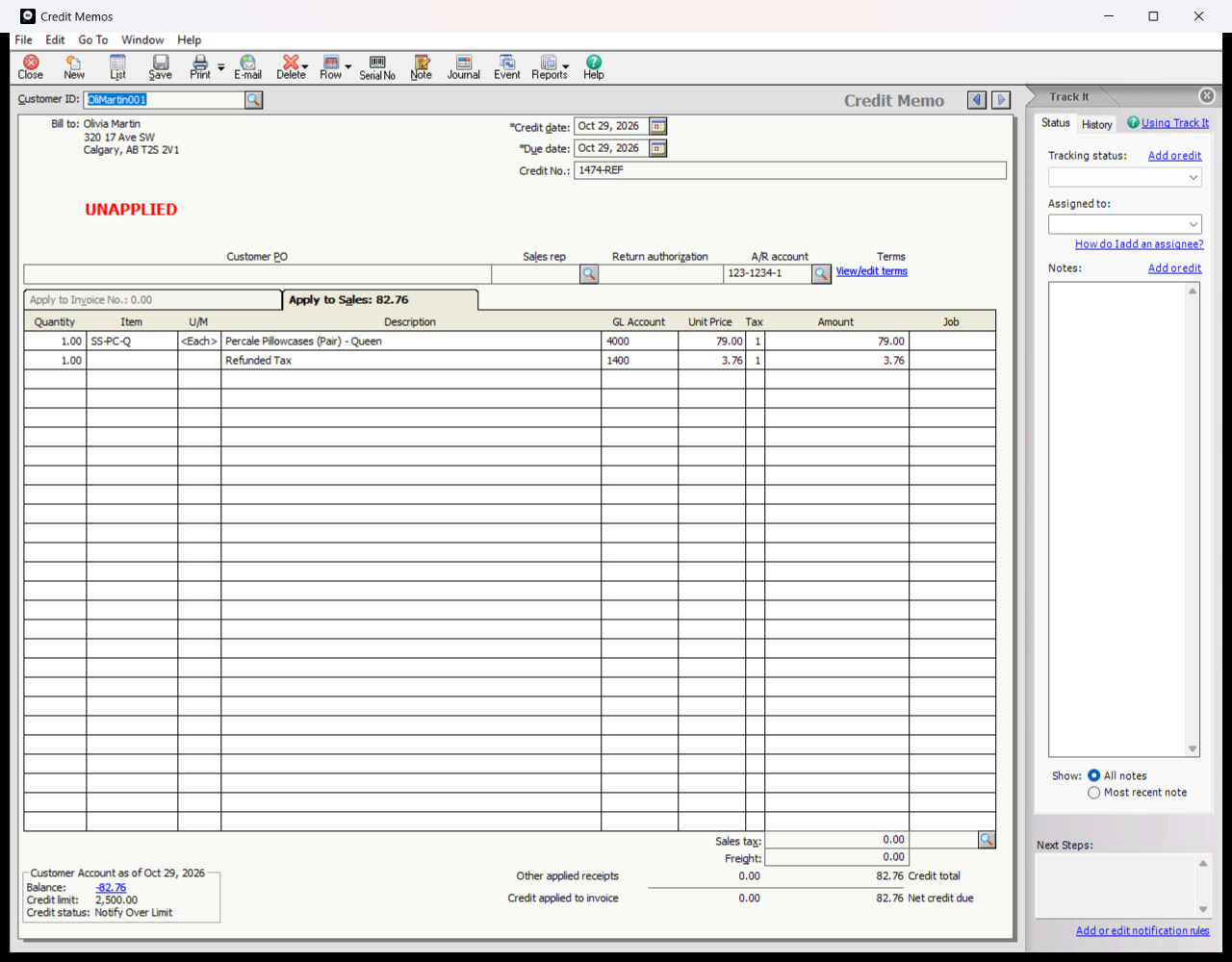 A credit memo in Sage 50