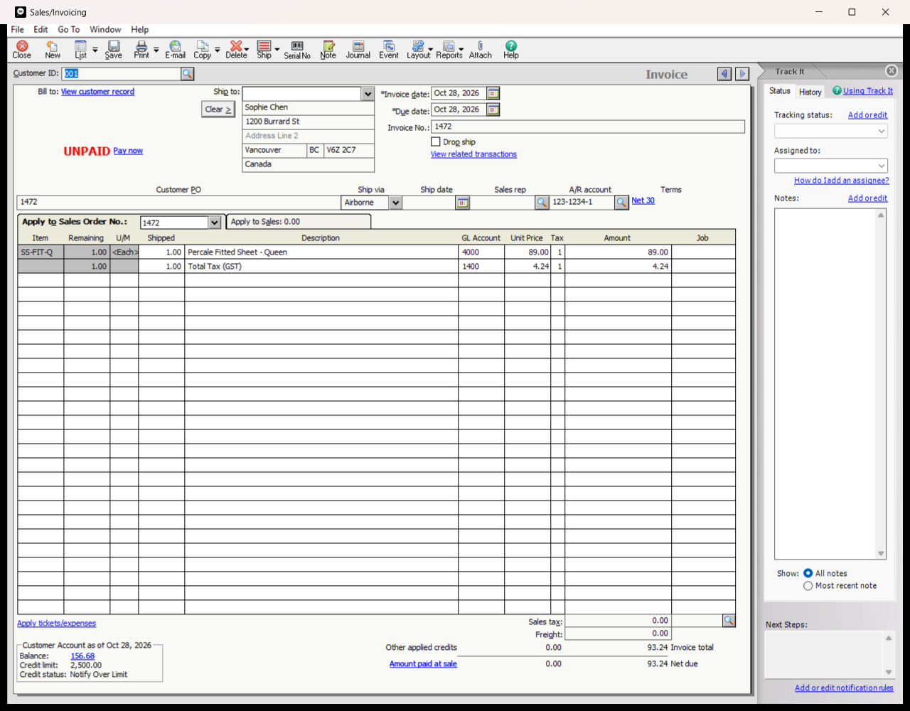 The invoice in Sage 50