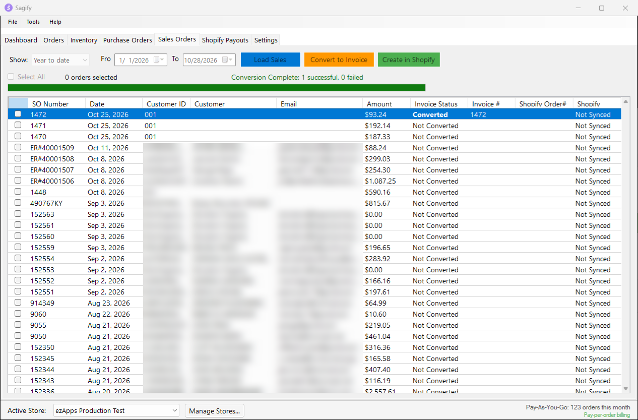 The Sales Orders tab after the conversion