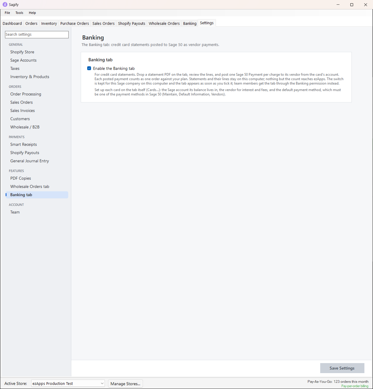Settings, Banking tab page