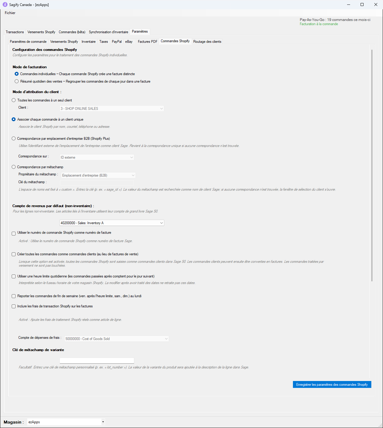 Paramètres, sous-onglet Commandes Shopify