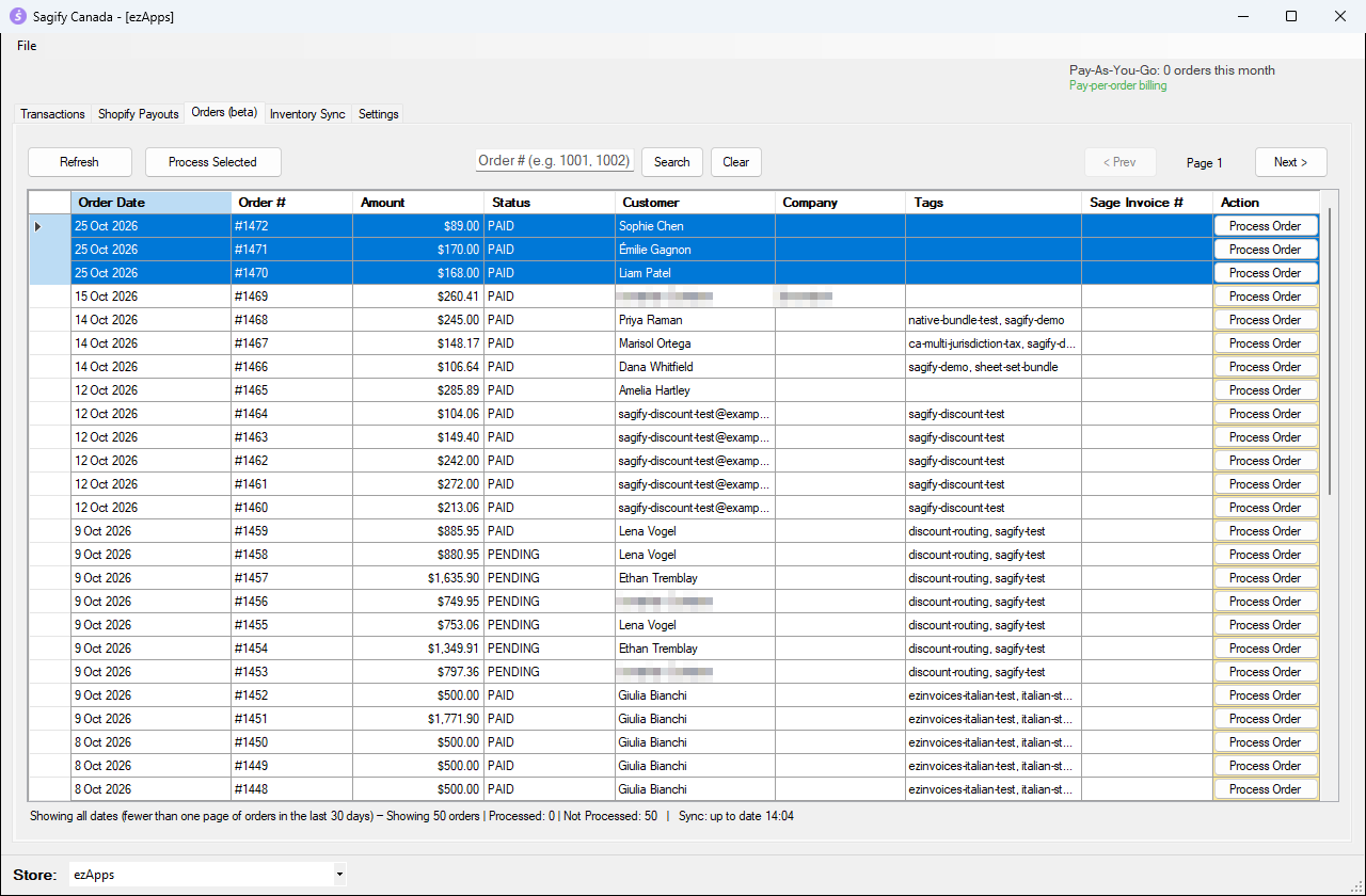The Orders (beta) tab with three orders selected