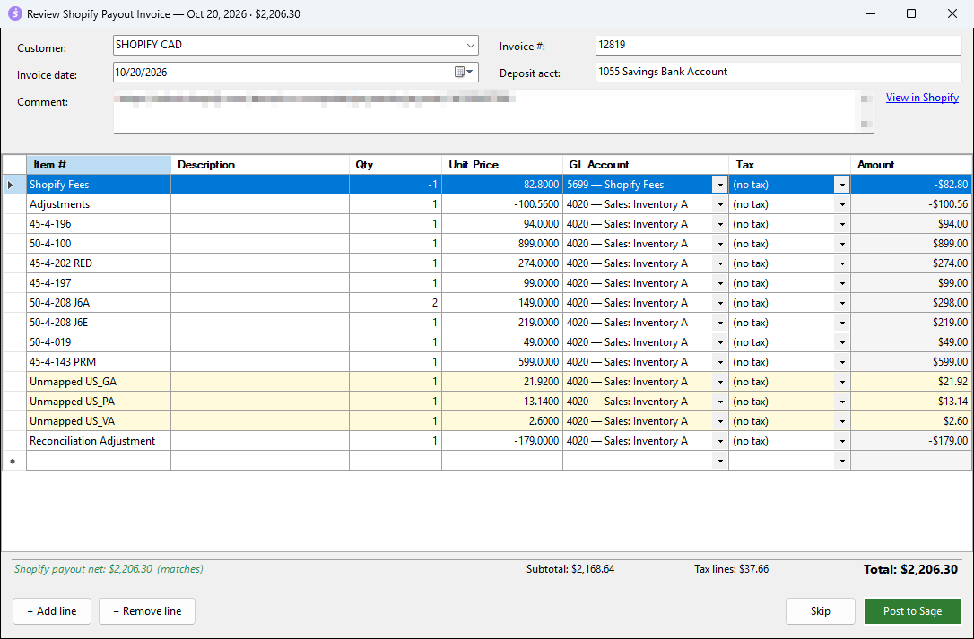 Review Shopify Payout Invoice window
