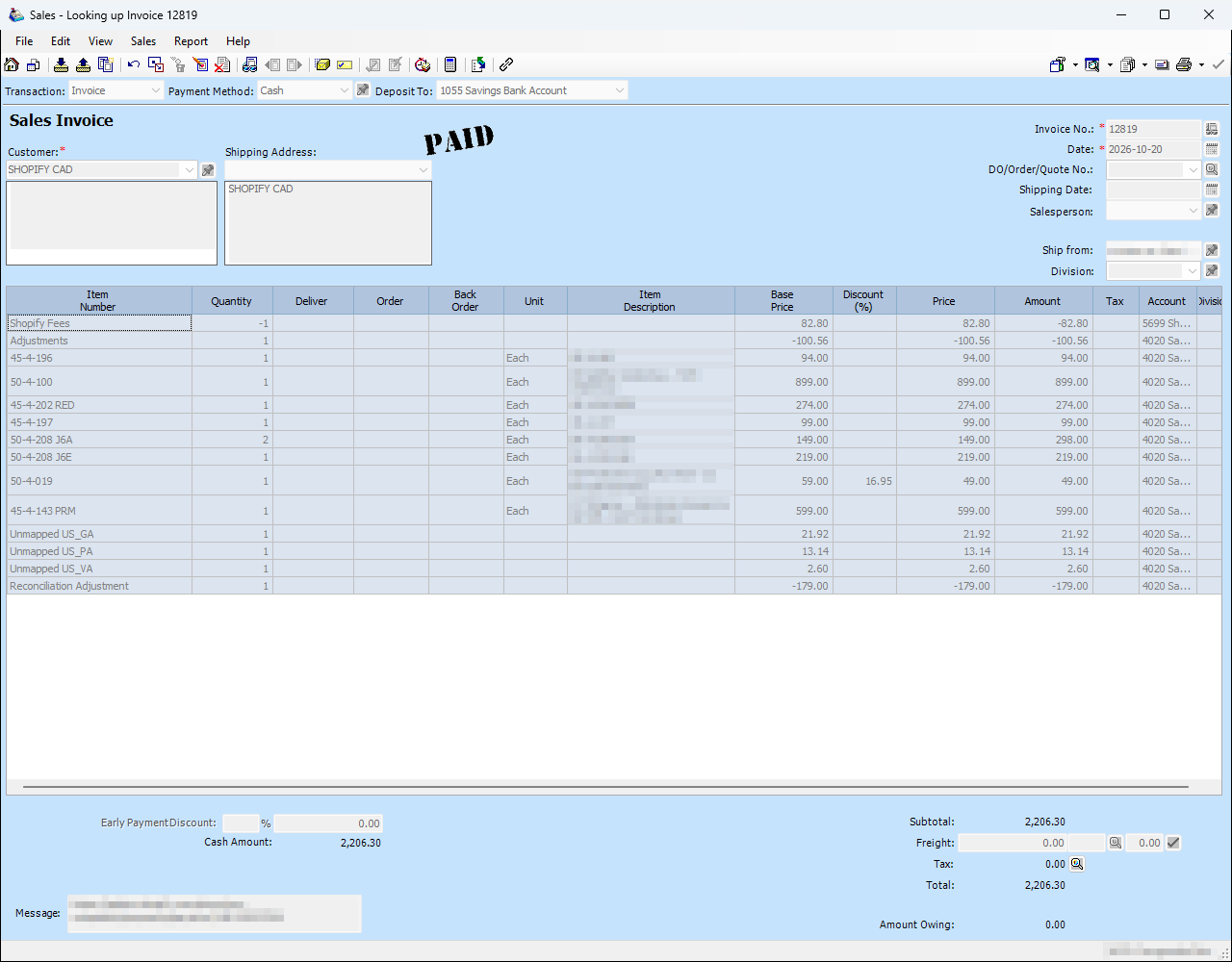 Payout invoice in Sage 50