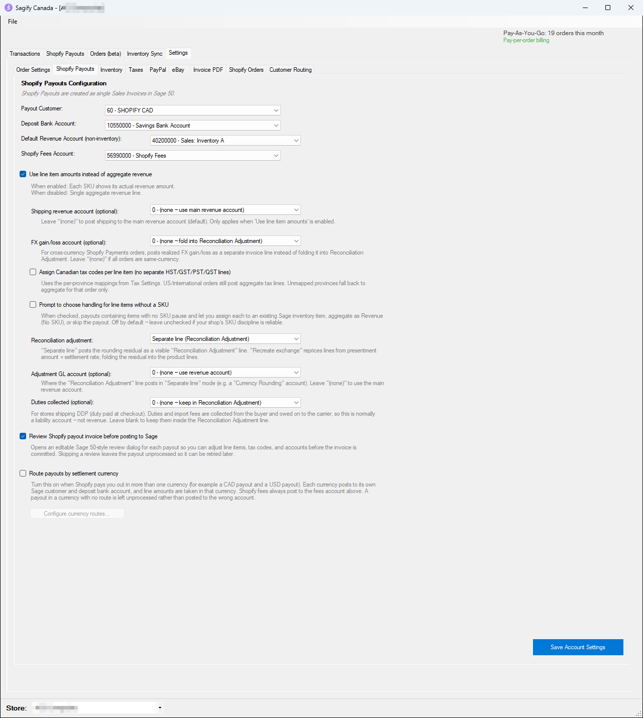 Settings, Shopify Payouts sub-tab
