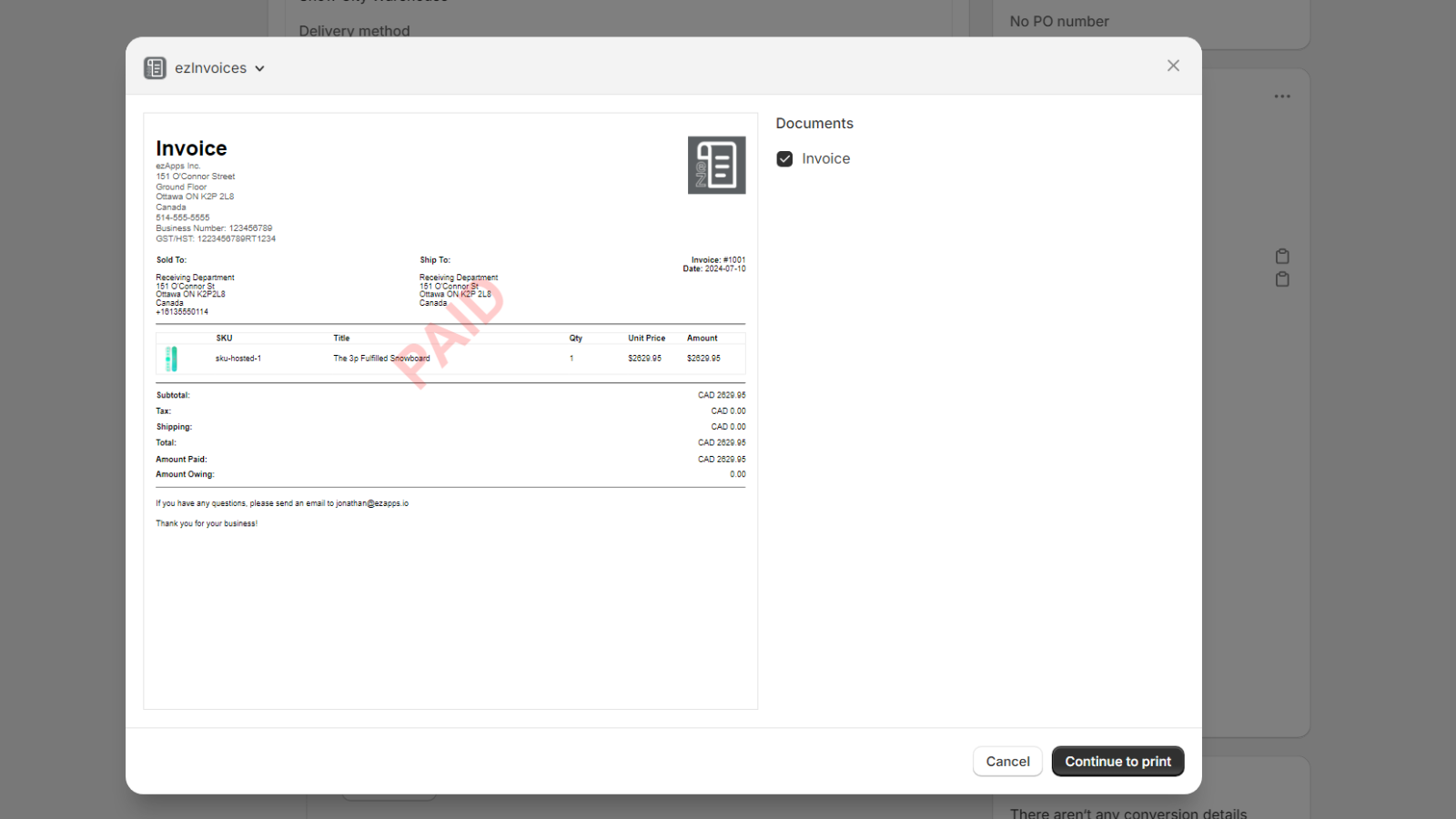 ezinvoices preview print page