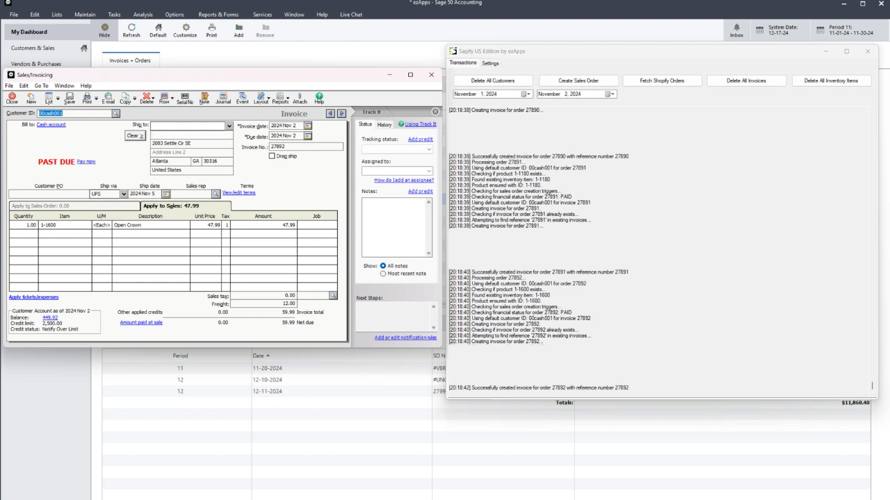 Sage50 US invoice screen open alongside Sagify US app