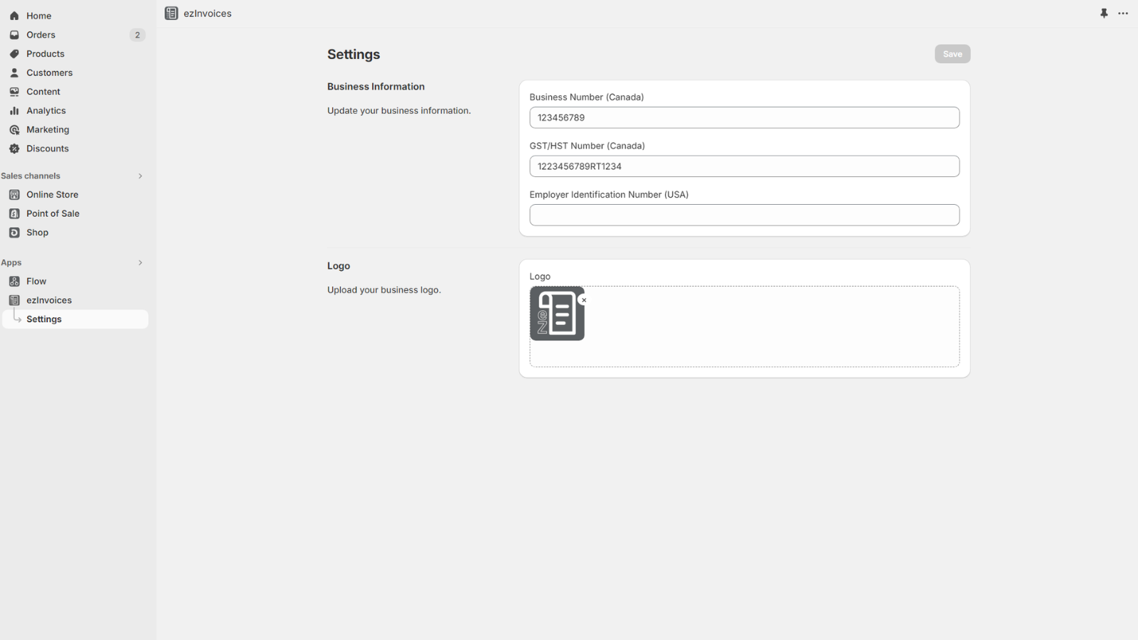 ezinvoices setting page