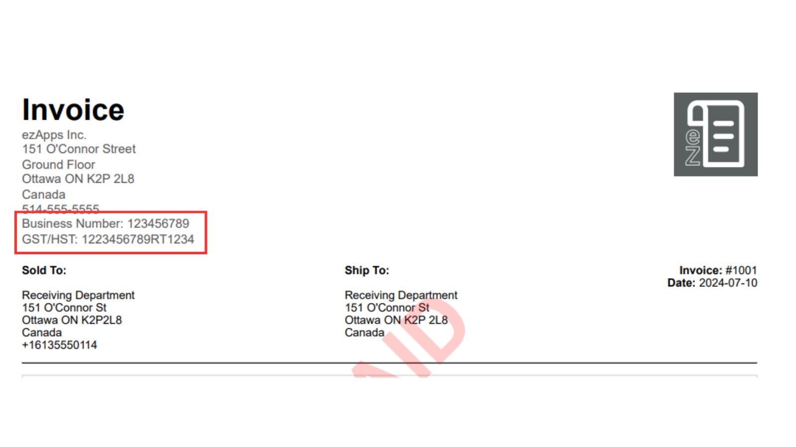 highlighting business information on invoice