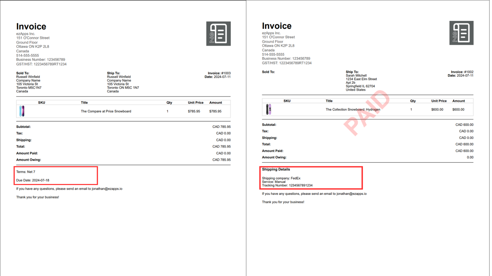 highlighting tracking information on invoice